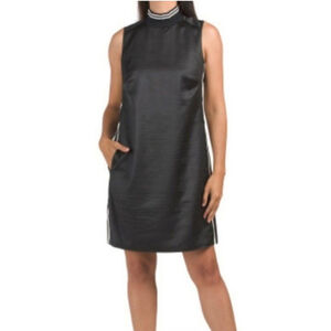 NWT Badgley Mischka Studio Sport black satin dress with stripes pockets Sz 12